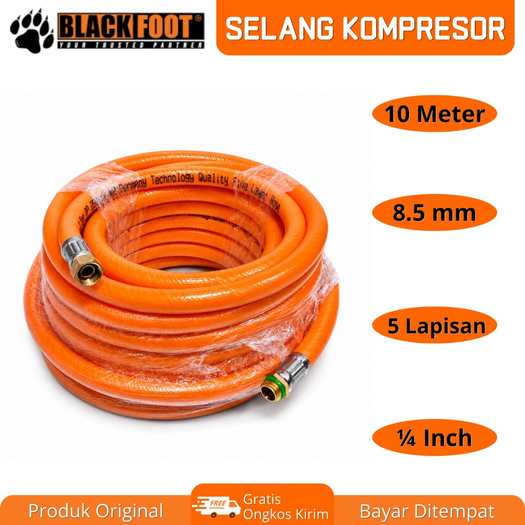 Blackfoot Selang Kompresor Angin 10M 5 Lapisan Oren Tekanan Tinggi Elastis