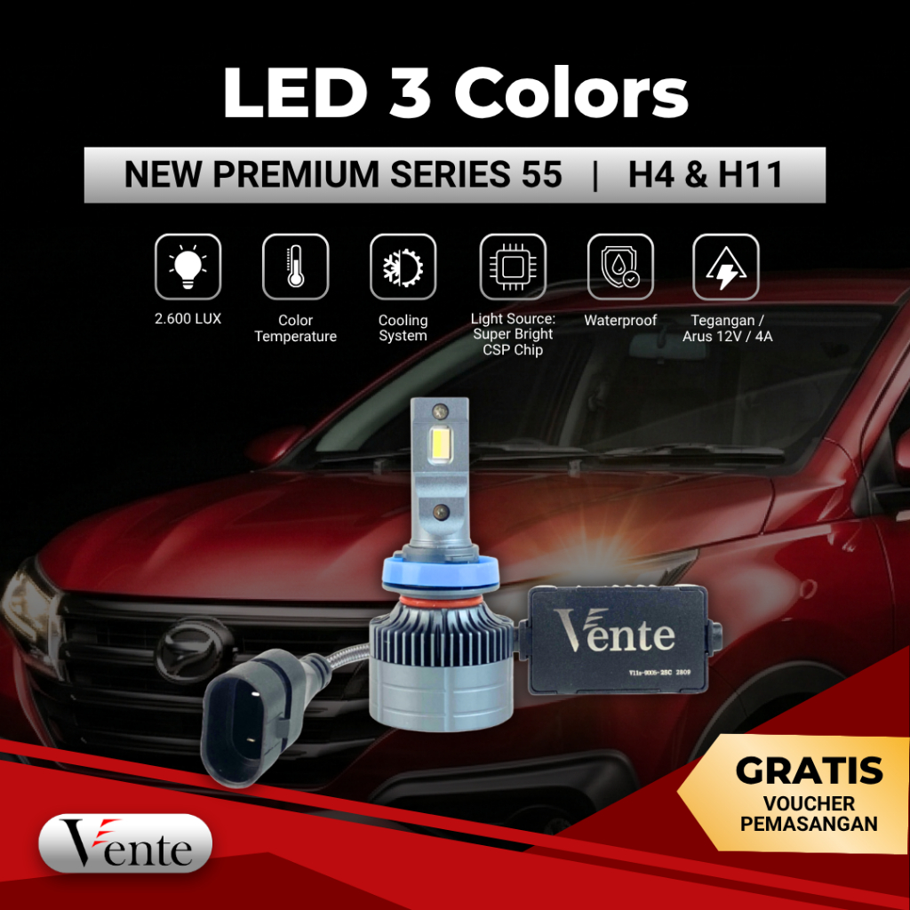 VENTE Lampu Mobil LED New Premium 55 3 Warna 3000K-6000K H11 H4 HB3 Super Bright