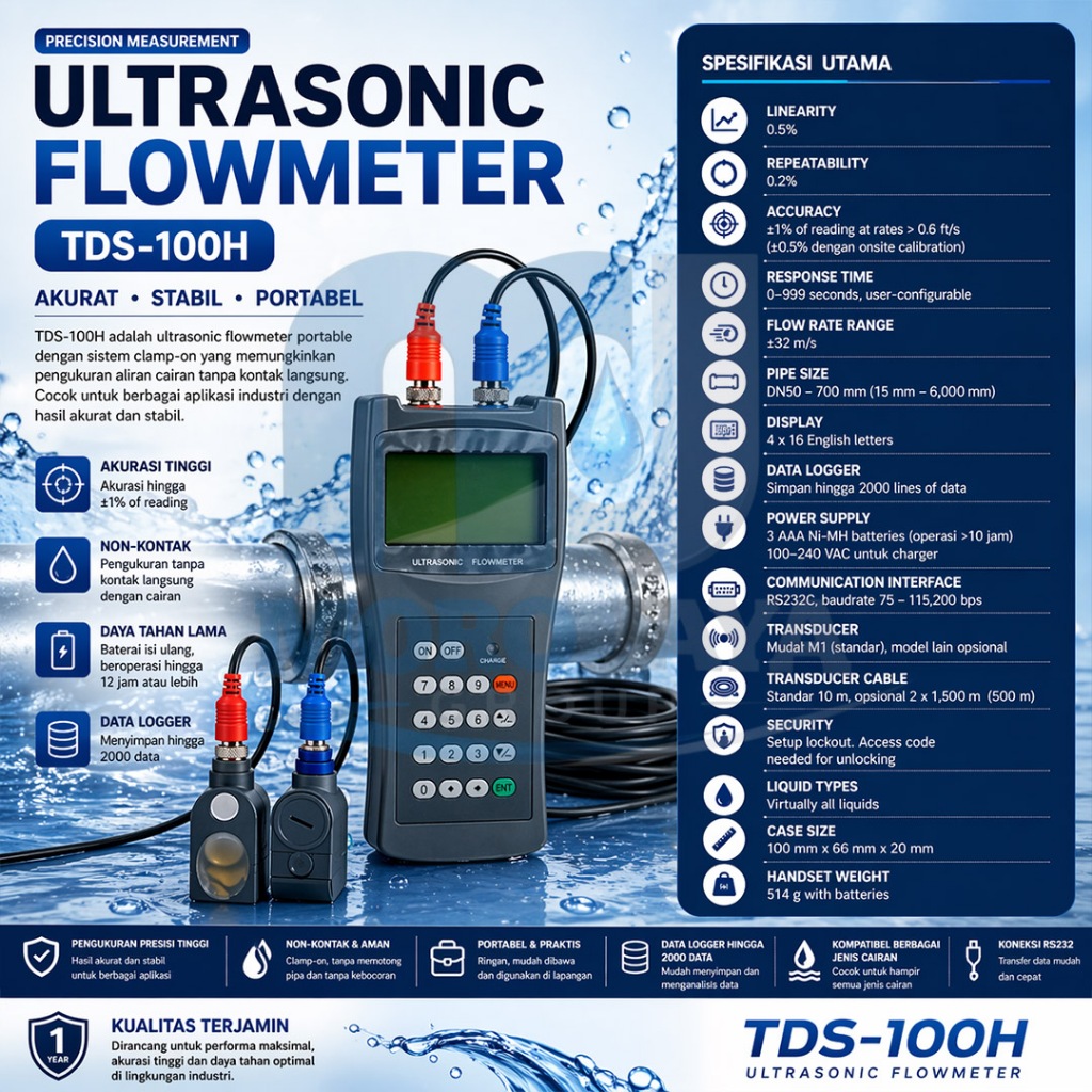 Ultrasonic Flow Meter 50-700mm TDS100H M2 Portable TDS-100H Water