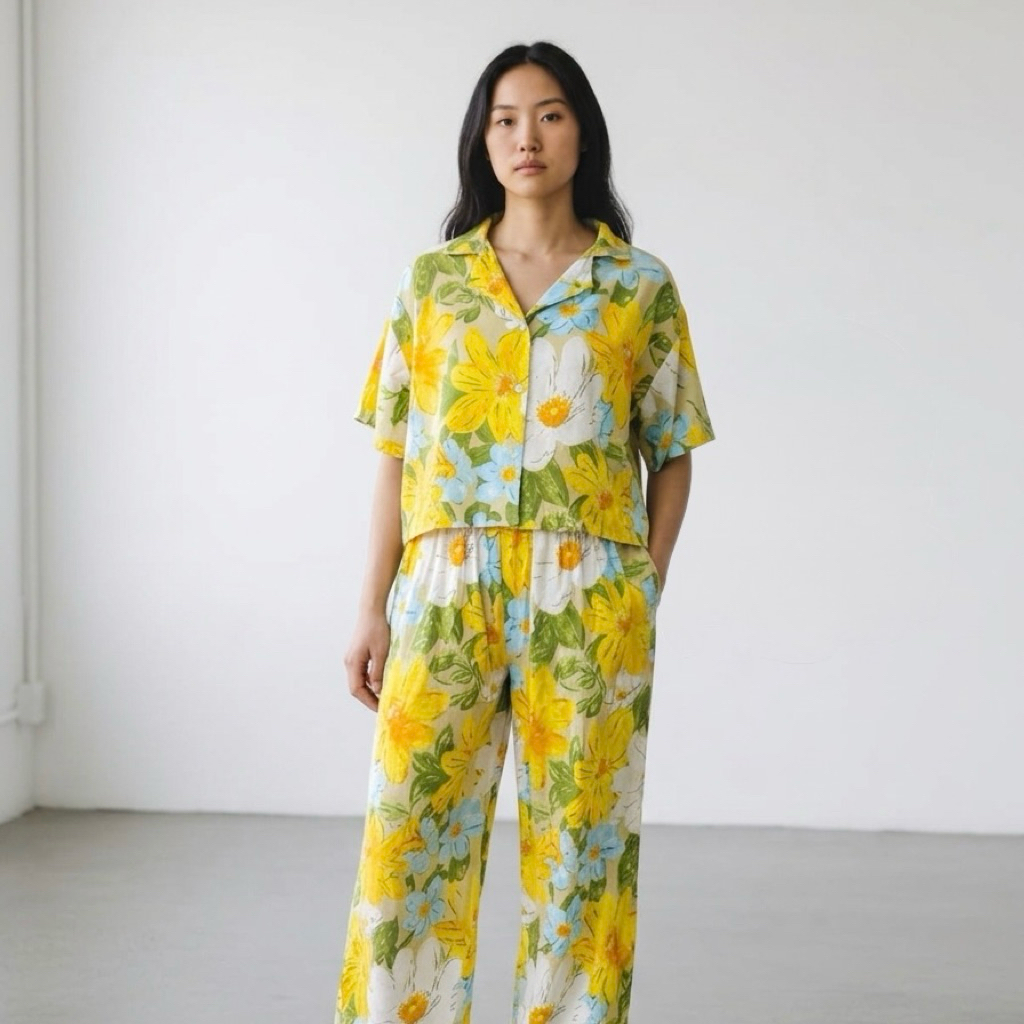 One Set Crop Setelan Celana Kulot Bunga-Bunga Rayon Premium