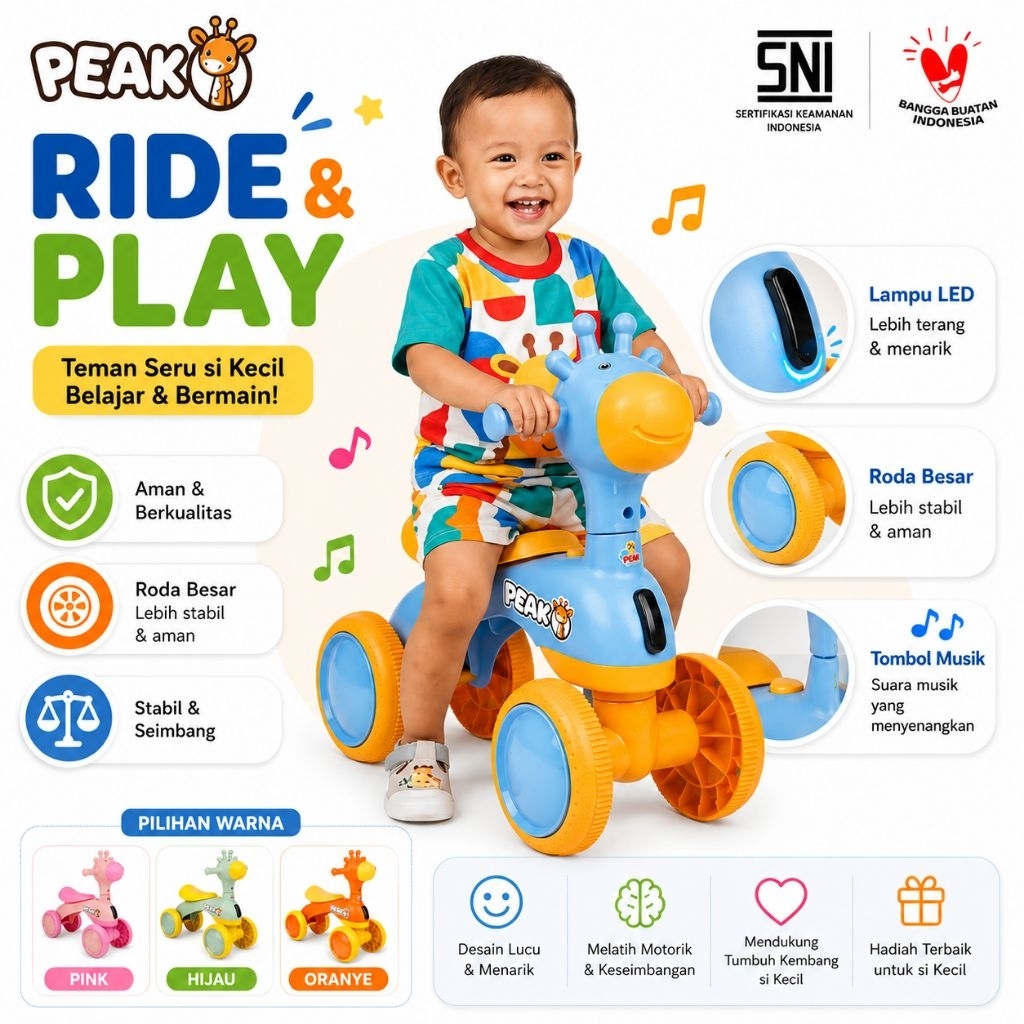 Mainan Anak Ride On Sepeda Dorong PEAK F10 Musik & Lampu - Nyaman dan Seru untuk Anak