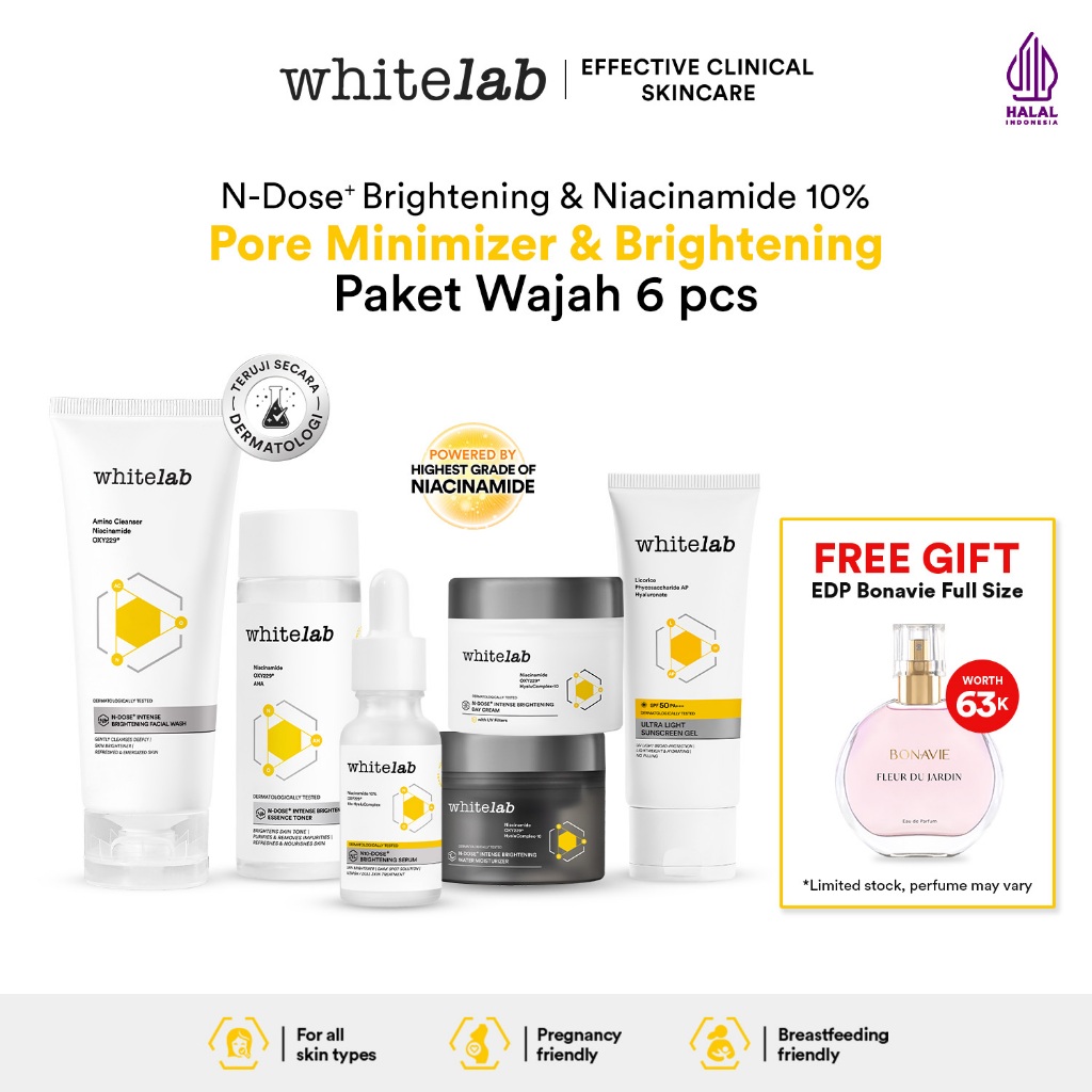 Whitelab Paket Wajah Brightening Niacinamide Facial Wash, Toner, Serum, Moisturizer, Sunscreen - 6 p