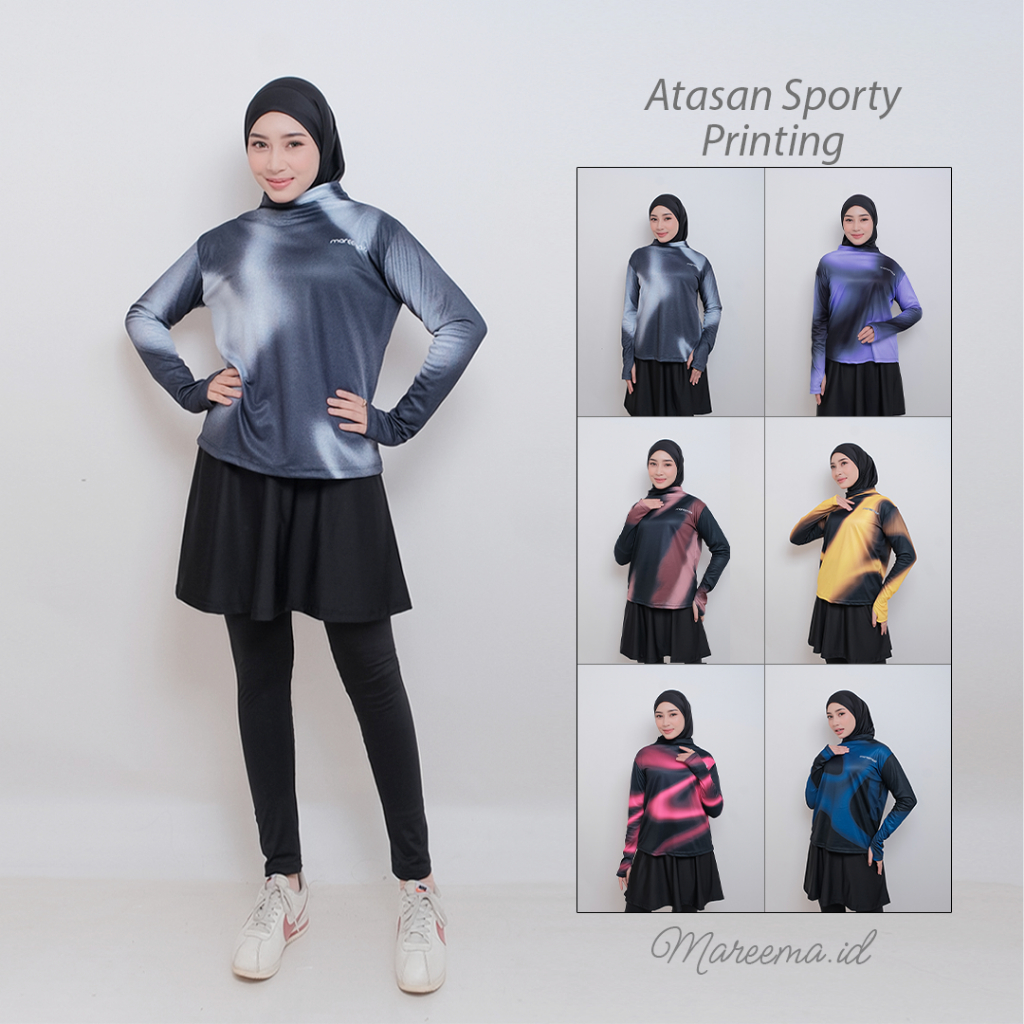 Atasan Kaos Olahraga Wanita Printing Lengan Panjang Muslimah Baju Sporty Motif Senam Zumba Lari
