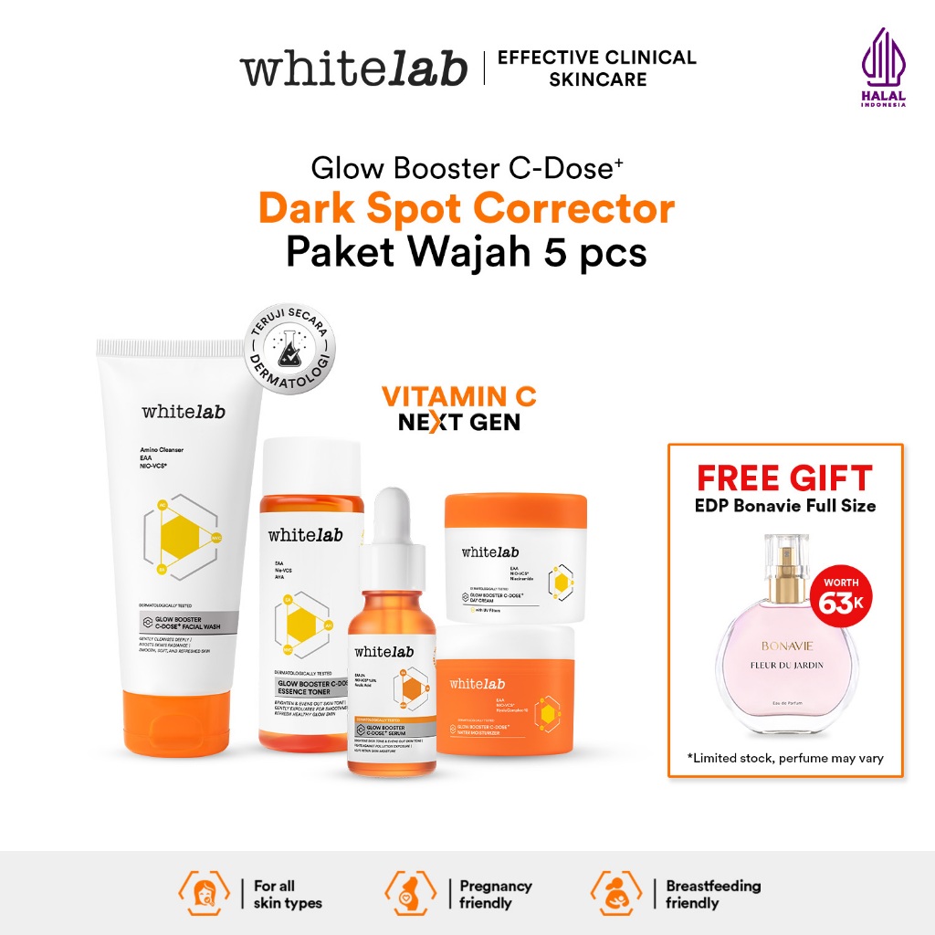 Whitelab 5 pcs Glow Booster C-Dose+ Brightening Paket Wajah - Facial Wash, Toner, Serum, with Day Cr