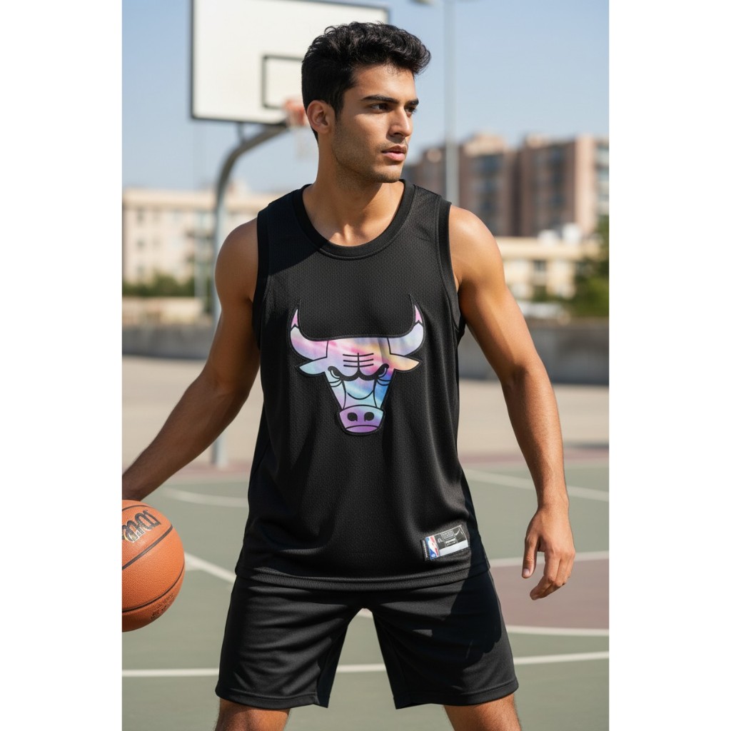 JERSEY BASKET PREMUM IMPORT BLACK RAINBOW BULLS 23 MICHAEL JORDAN HITAM