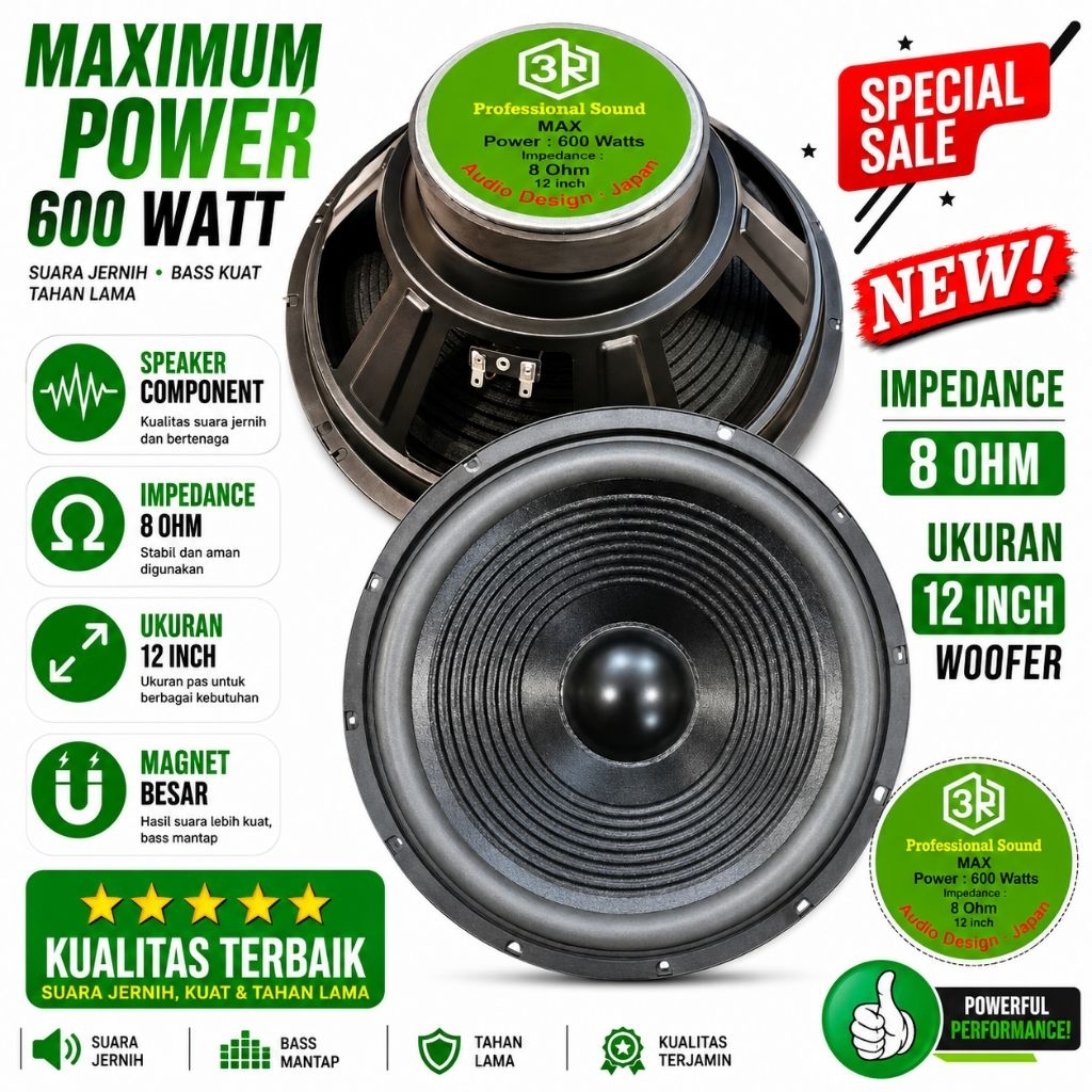 Speaker Component 3R 12 Inch Woofer Magnet Besar 600 Watt 8 Ohm