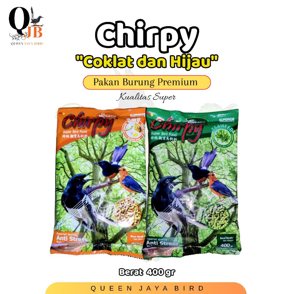 VOER CHIRPY COKLAT DAN HIJAU PAKAN BURUNG BERKUALITAS TINGGI KEMASAN 400 gr