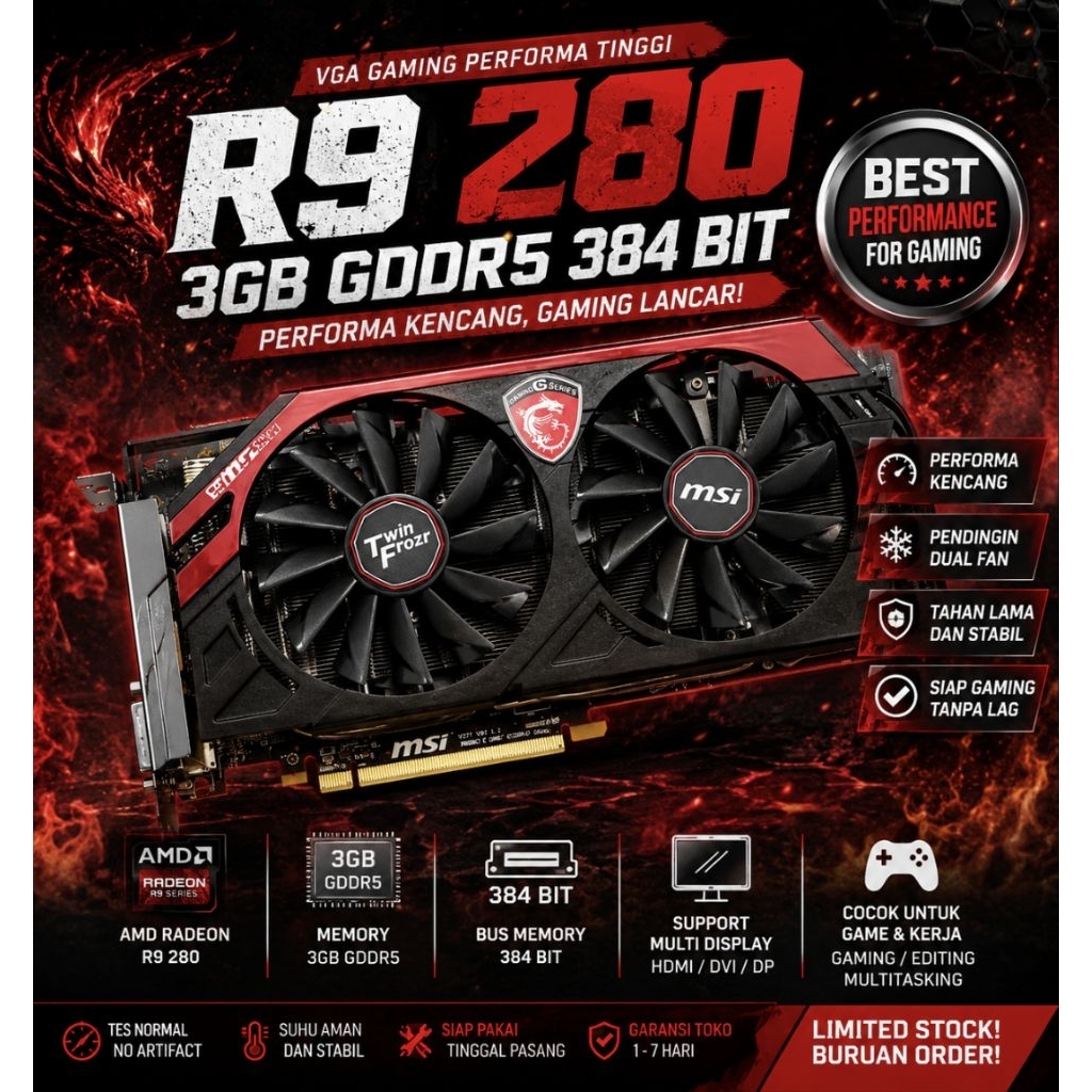 VGA CARD AMD R9 280 3GB DDR5 384 BIT SECOND NORMAL