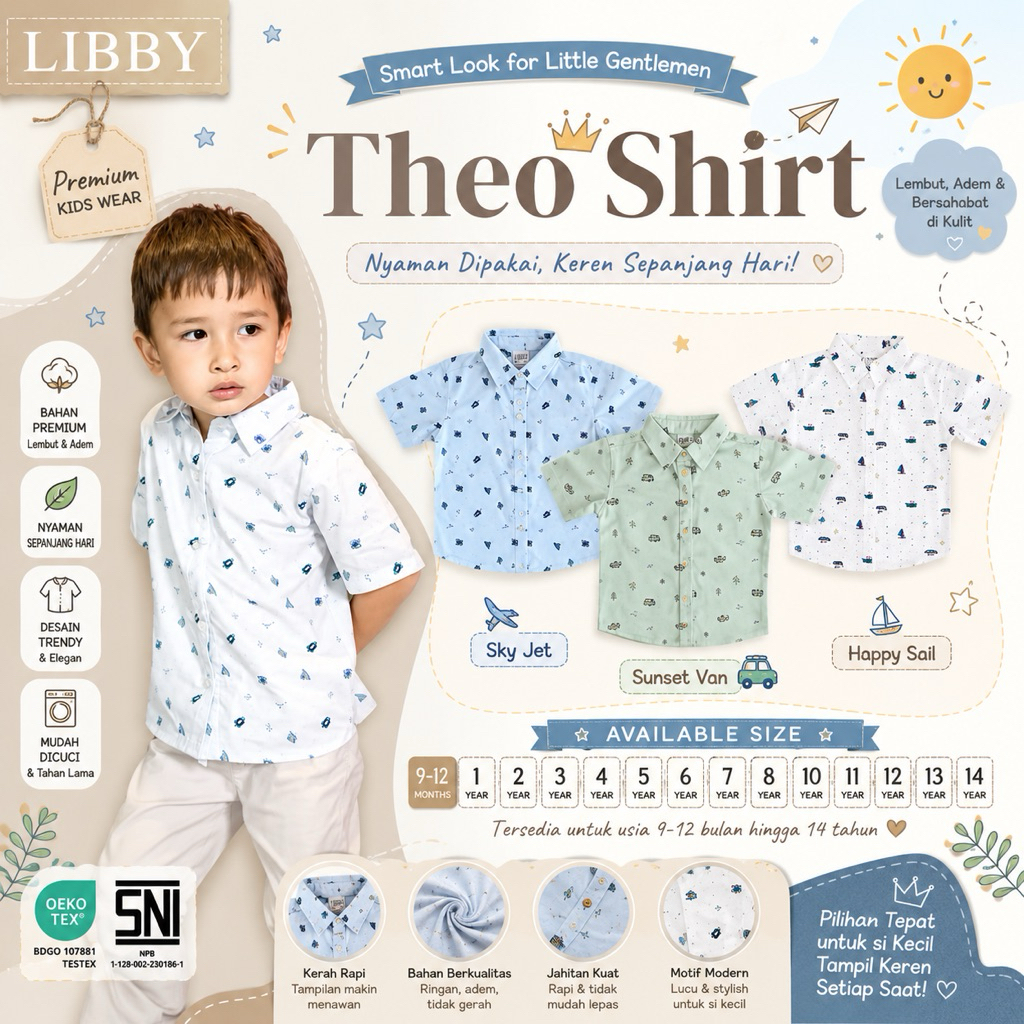 Libby Theo Shirt Baju Pendek Anak Laki-Laki Kerah Kemeja Kancing 9 Bulan - 6 Tahun