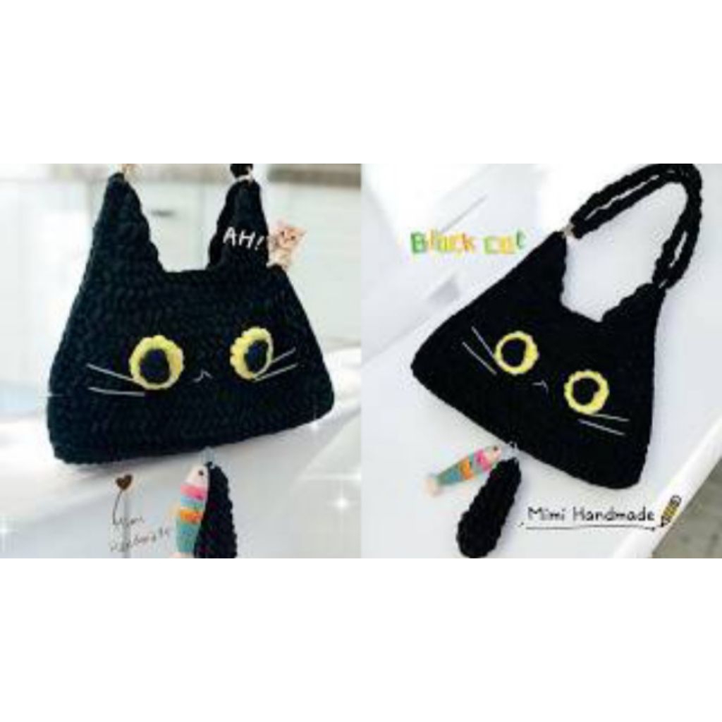 Crochet cat bag tas rajut kucing hitam tas selempang wanita