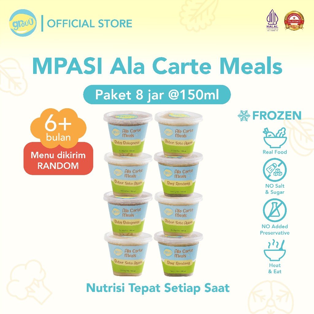 Grouu - Ala Carte Meal 8 Jar (MENU RANDOM) - Bubur MPASI Bayi, Makanan Bayi - NO MSG, Tanpa Pengawet