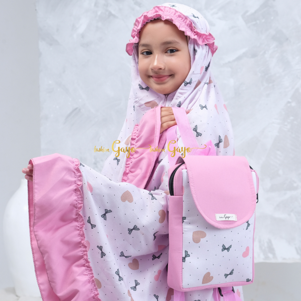 Fashion Gayo - Syifa Series - Mukena Anak Rayon Adem Motif Love & Pita Lucu 2in1 Resleting 3 - 10 Th