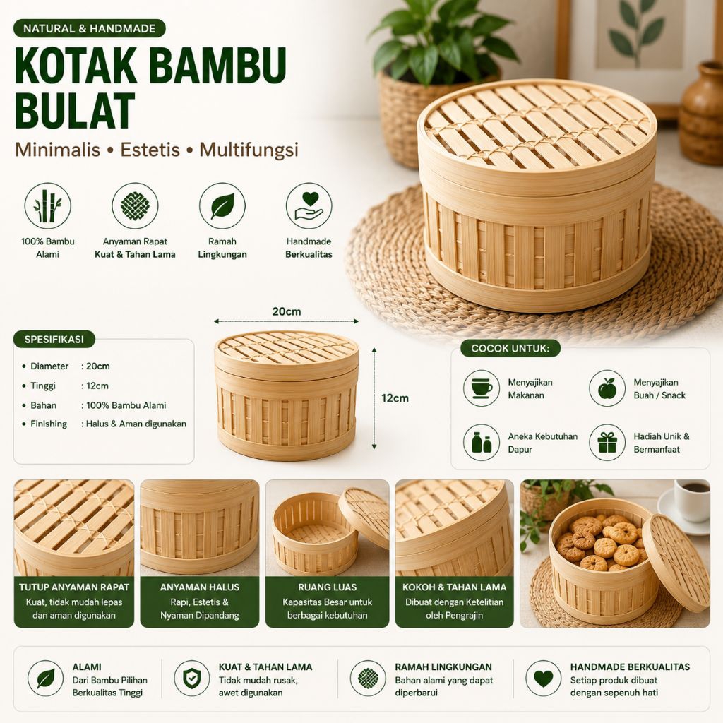 Tempat Snack Bambu Bulat Estetik Handmade Wadah Kue & BuahBesek Bambu Bulat Natural Tempat Oleh Oleh