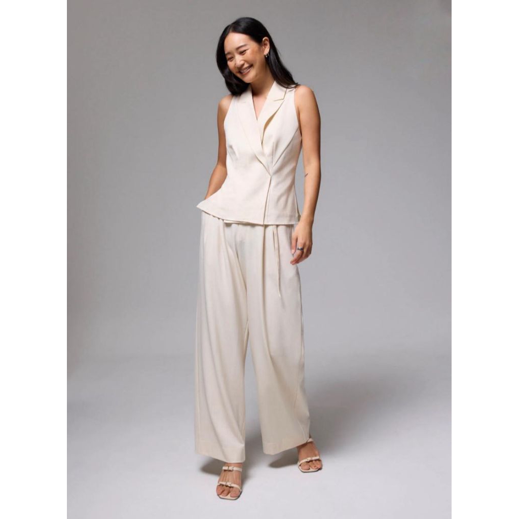 Love Bonito elastic pleated wide leg pants leggy cream
