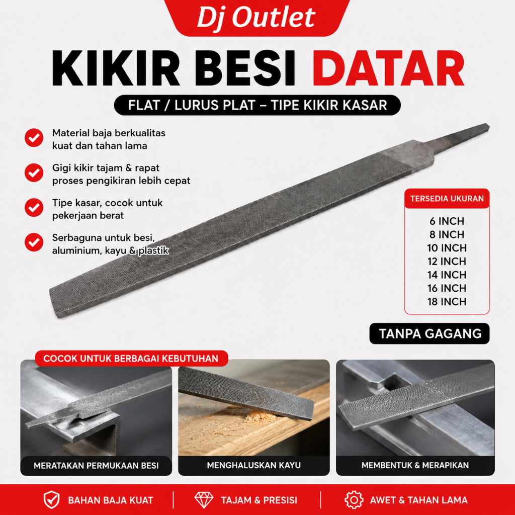 Kikir Besi Flat Datar Baja Kikir Tangan Kasar Halus Alat Kikir Kayu Besi Multifungsi