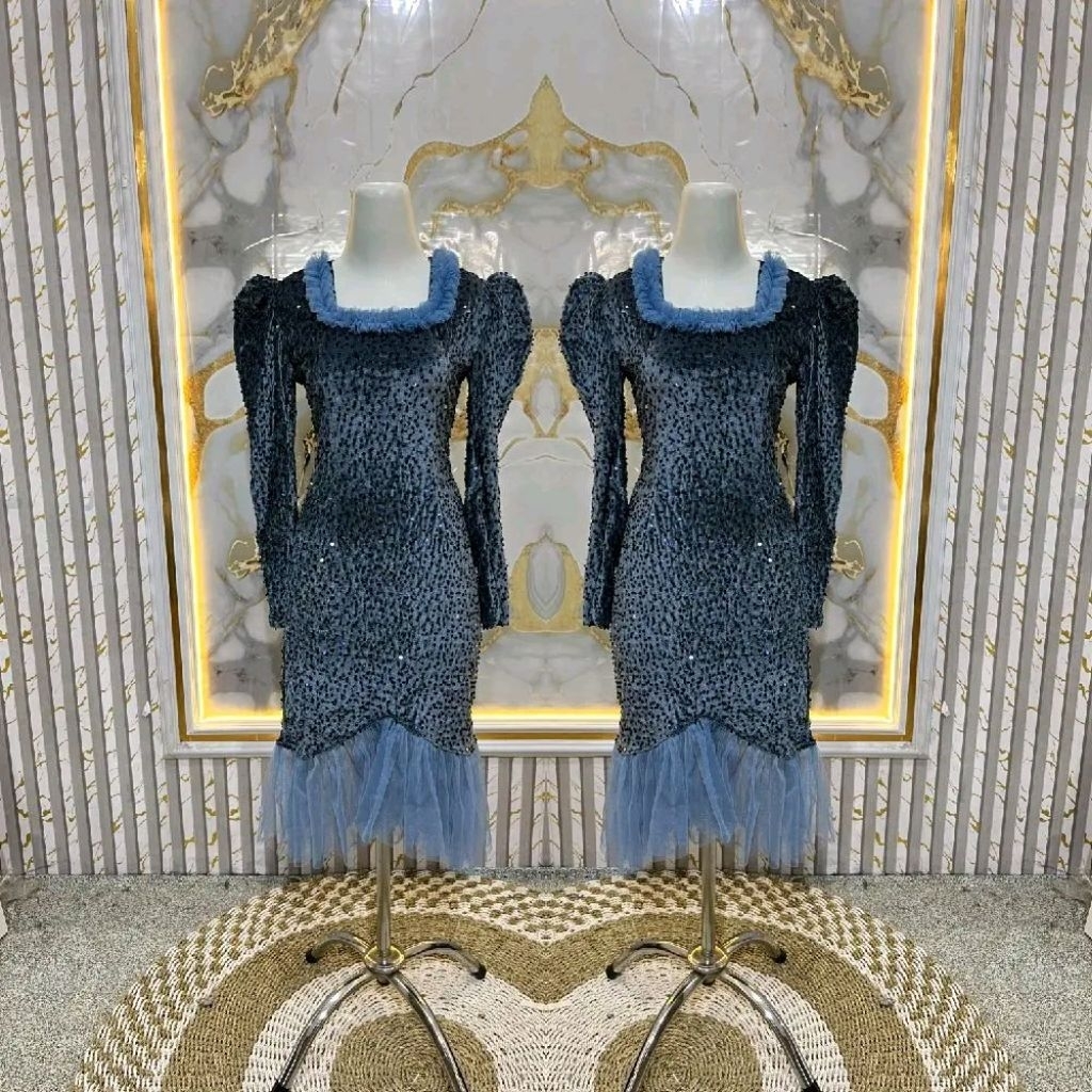 Midi dres bludru squin kombinasi tile polos