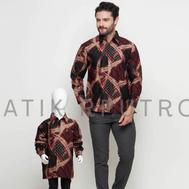 MERAH HITAM ABSTRAK KEMEJA Batik Couple Ayah Anak Warna Merah Maroon, Batik Pria Merah Maroon