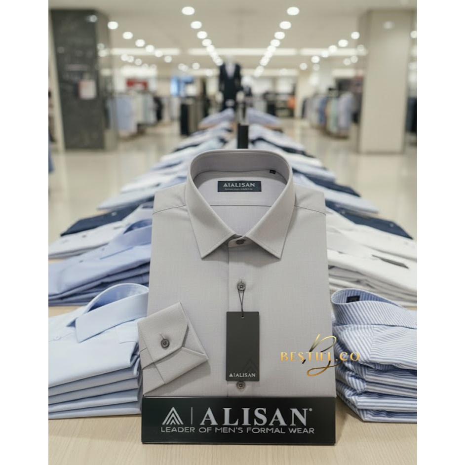 Kemeja ALISAN Polos Pria Lengan Panjang Slimfit Premium Abu Muda Atasan Pria Kerja Kantor Seragam