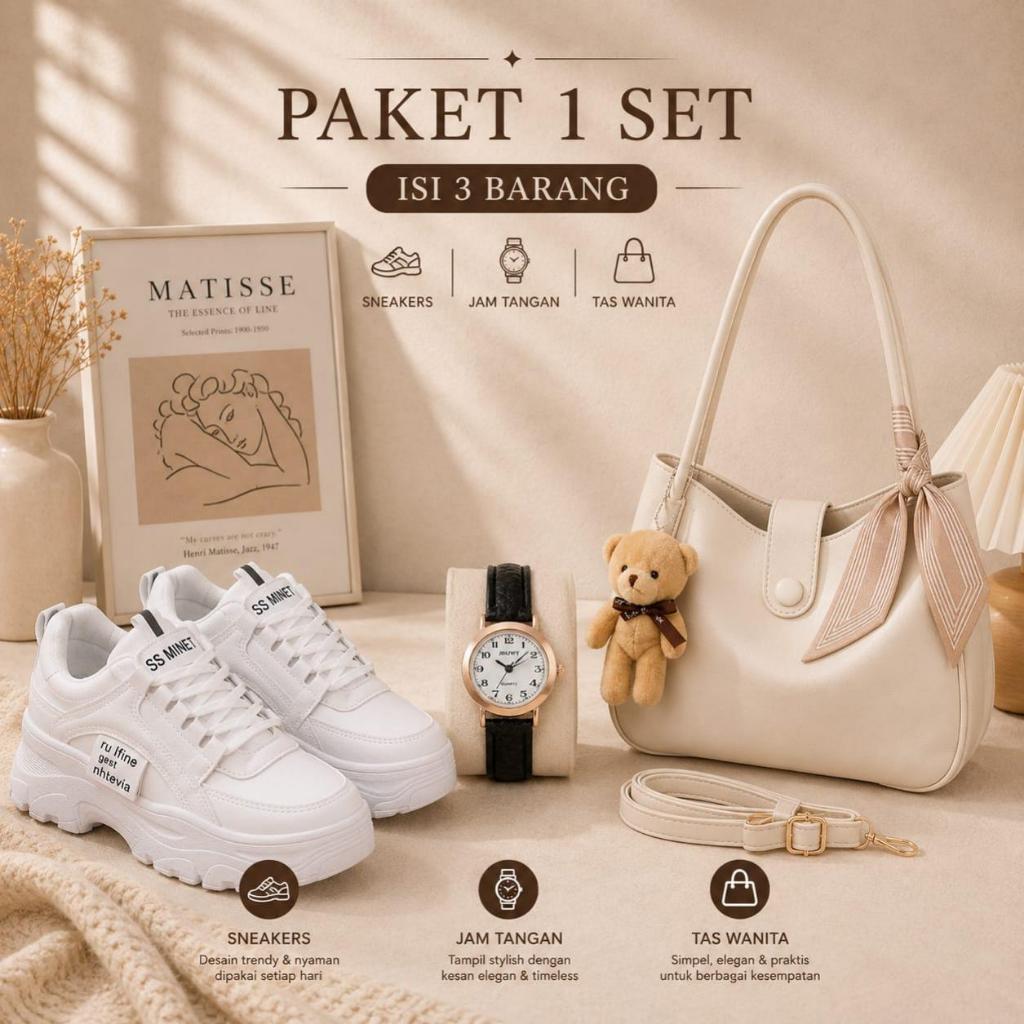 Paket Fashion Wanita 3in1 sepatu Sneakers Putih + Jam Tangan + Tas Tote bag Florida plus boneka