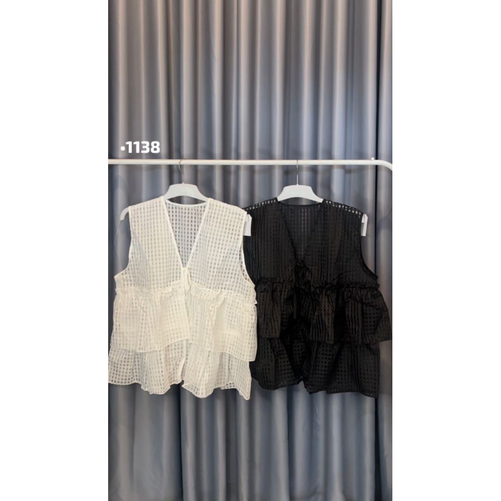 Outer Vest Wanita Layer Ruffle Korean Style Vest Brukat Kotak Tanpa Lengan Outer Casual Kekinian | A