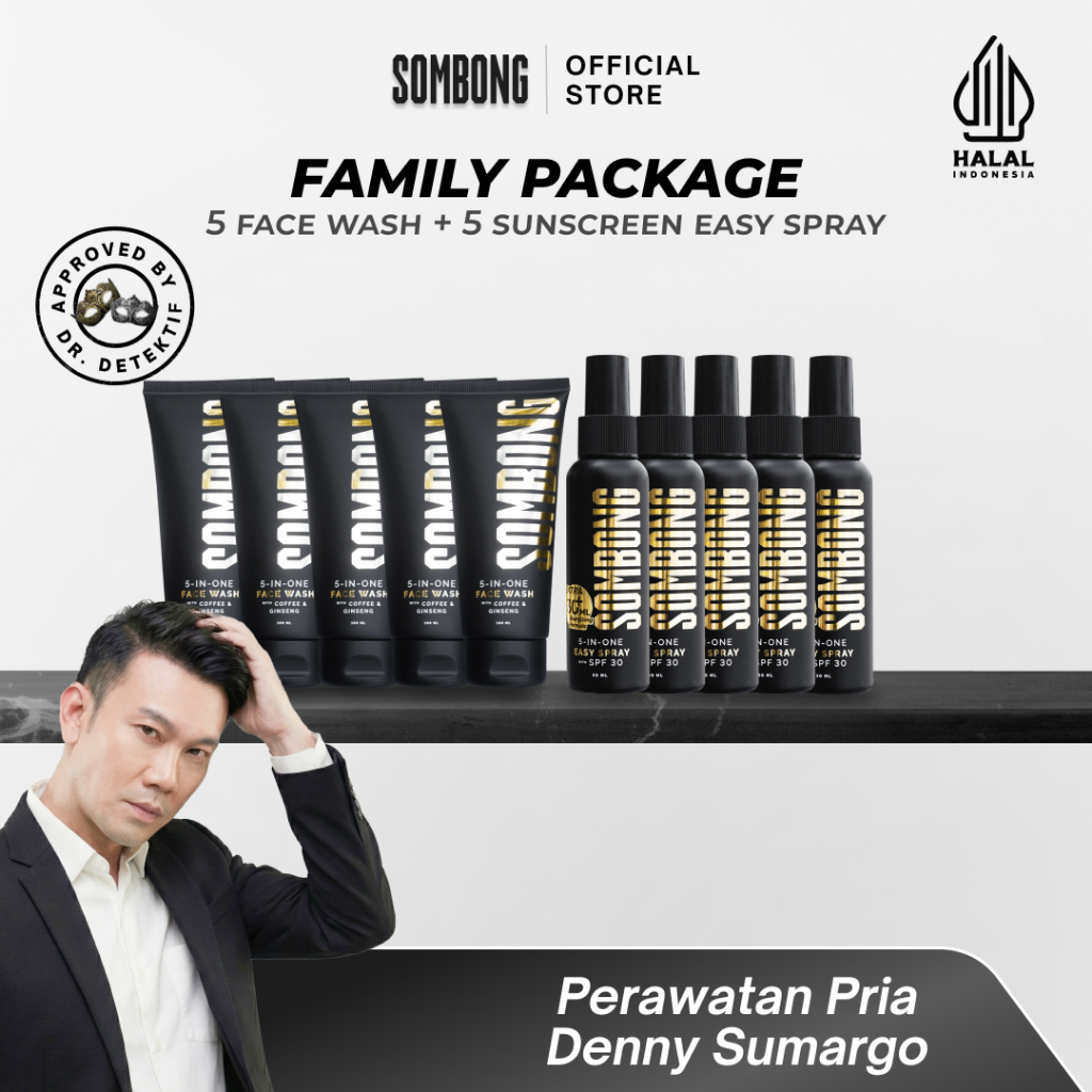 SOMBONG Paket Family Ganteng Ga Ribet 5-in-1 Face Wash Pria + Sunscreen Spray with SPF 30 Sunscreen 