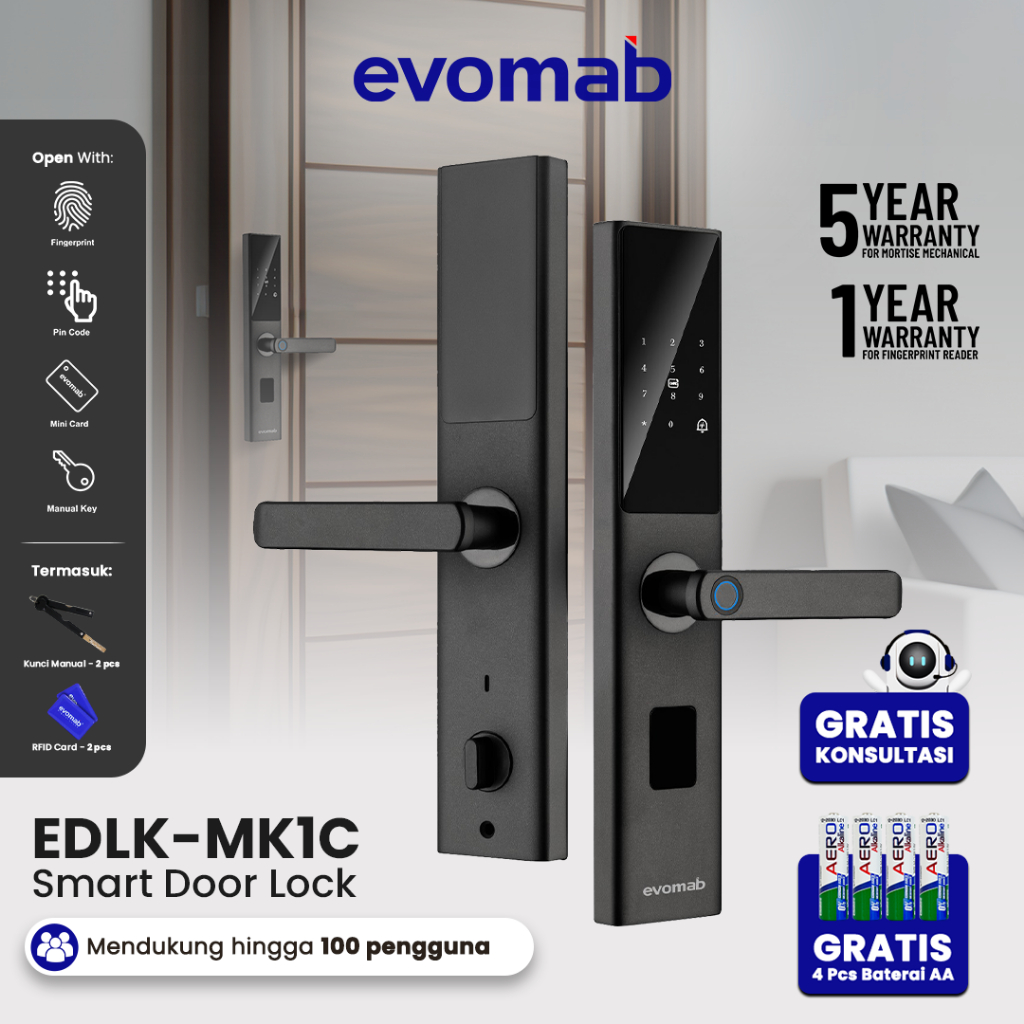 evomab Smart Door Lock Kunci Pintu Digital Fingerprint Kartu EDLK-MK1C