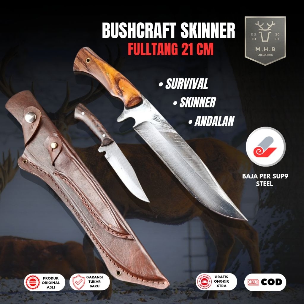 MHB | Pisau Bowie Set Sepaket Bushcraft Survival Multifungsi Baja Per sup9 Fulltang - Pisau Skinner 