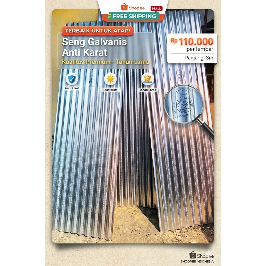 Seng Gelombang Galvanis Anti Karat - Panjang 3 Meter (Kualitas Premium)