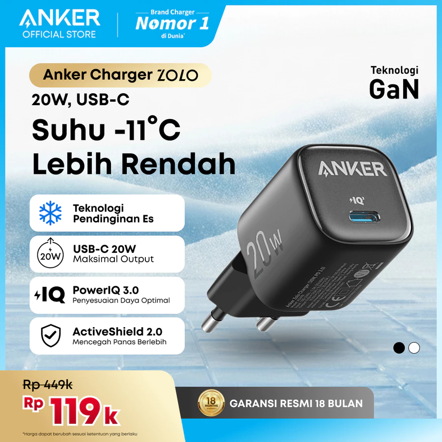 Adapter kepala charger Anker Zolo GaN 20W MFI fast charging