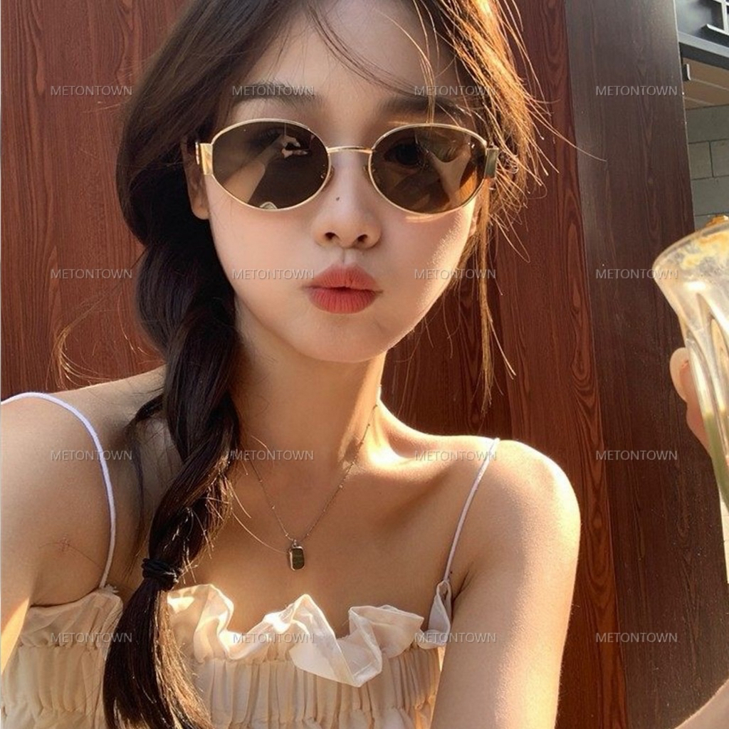 Mtt Kacamata Hitam Bulat Retro Frame C Logo Sunglasses Wanita Trendy UV400 Protection