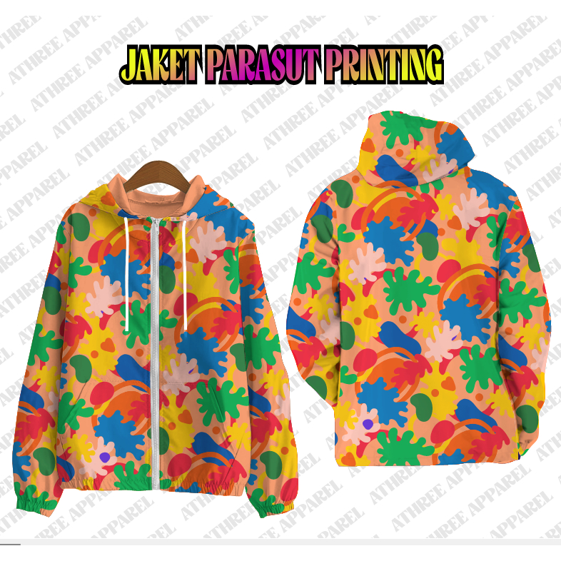JACKET WANITA TANGAN PANJANG PARASUT PRINTED MOTIF BLOCK RAINBOW ALL SIZE