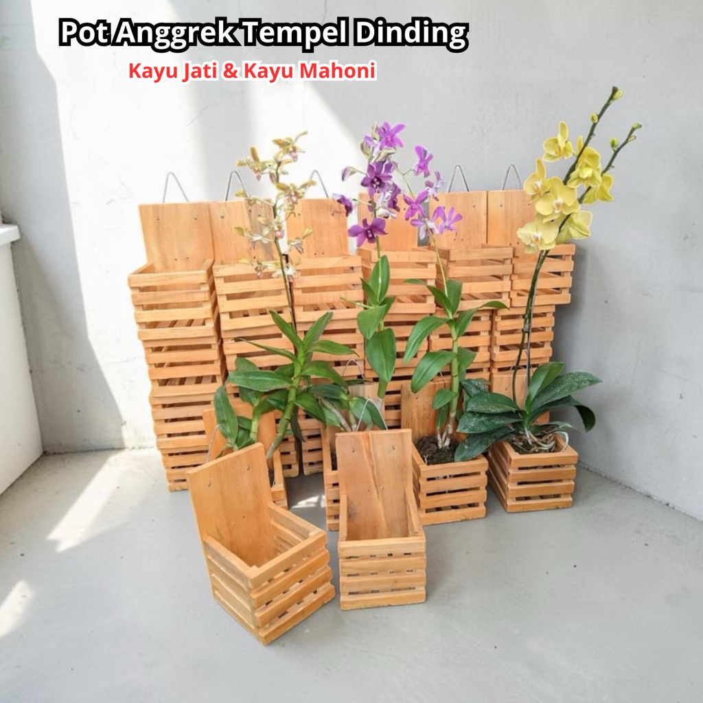 Pot Anggrek Tempel Dinding 20cm Kayu Jati & Mahoni untuk Tanaman Hias Dekorasi Rumah Dan Taman