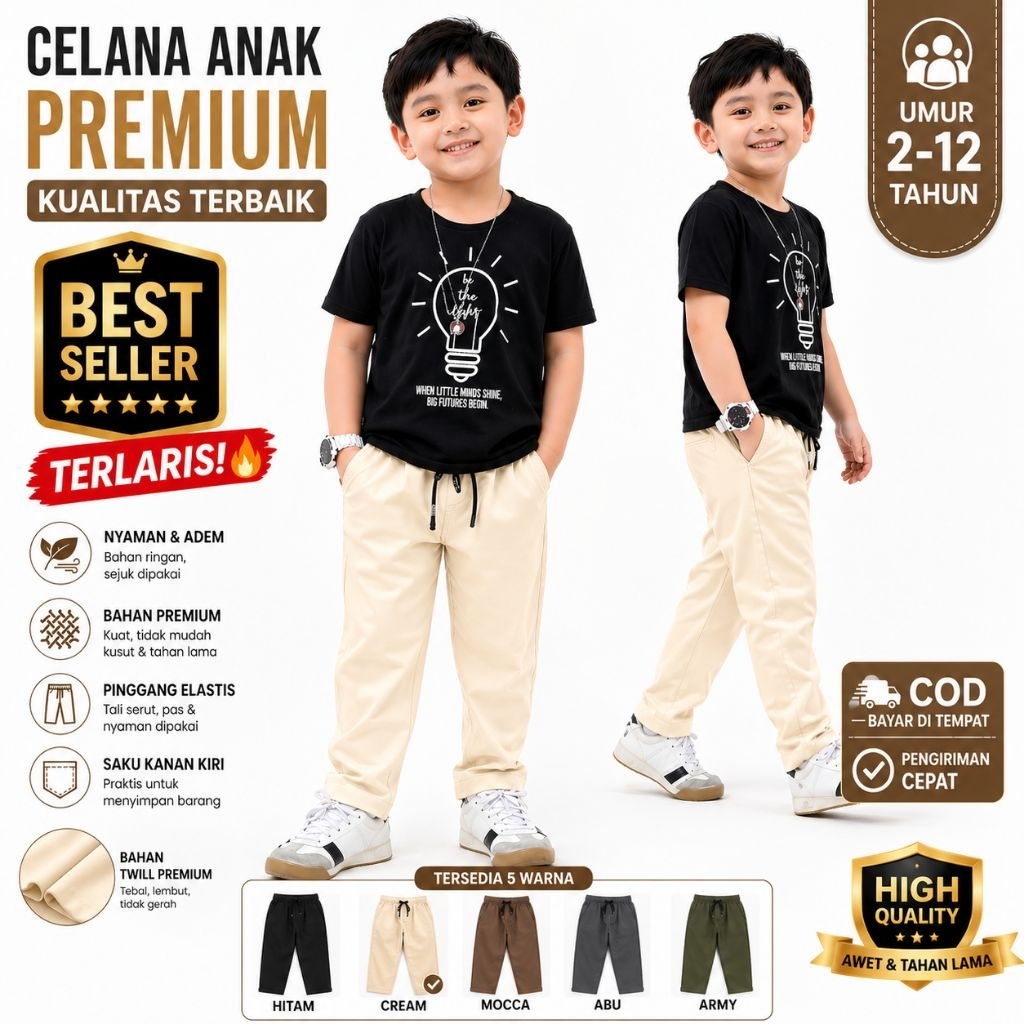 Celana panjang anak laki laki unisex CHINO KAIN KATUN DRILL usia 1-12 tahun