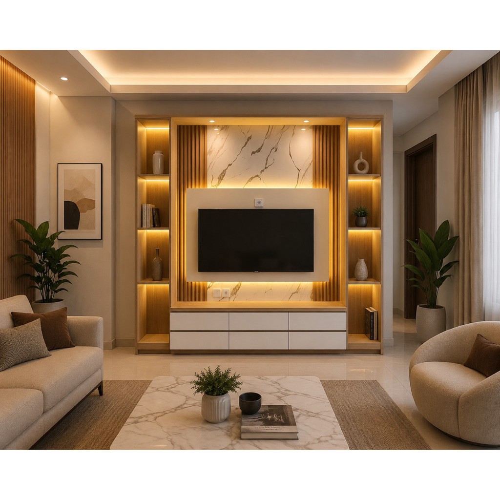 Backdrop TV Minimalis Modern Kayu Rak LED Cabinet TV Marmer Elegan Ruang Tamu