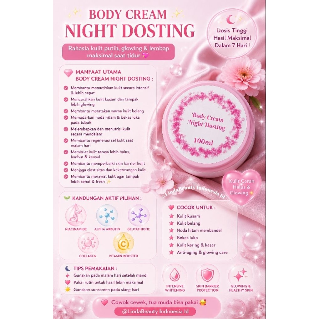 BODY CREM NIGHT DOSTING LINDABEAUTY 100ML RACIKAN 10X LEBIH CEPAT MEMUTIHKAN KULIT DI MALAM HARI