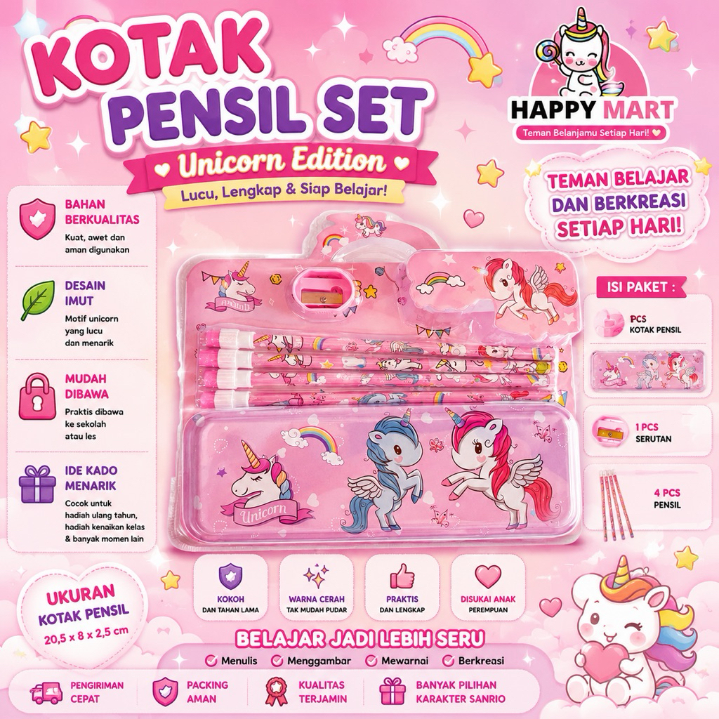 Kotak pensil unicorn set Pensil