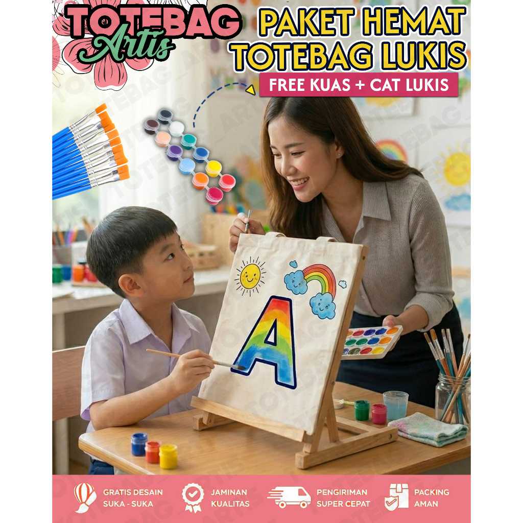 PAKET TOTEBAG KANVAS + ALAT LUKIS - CUSTOM GAMBAR NAMA ANAK - PAKET LUKIS ANAK