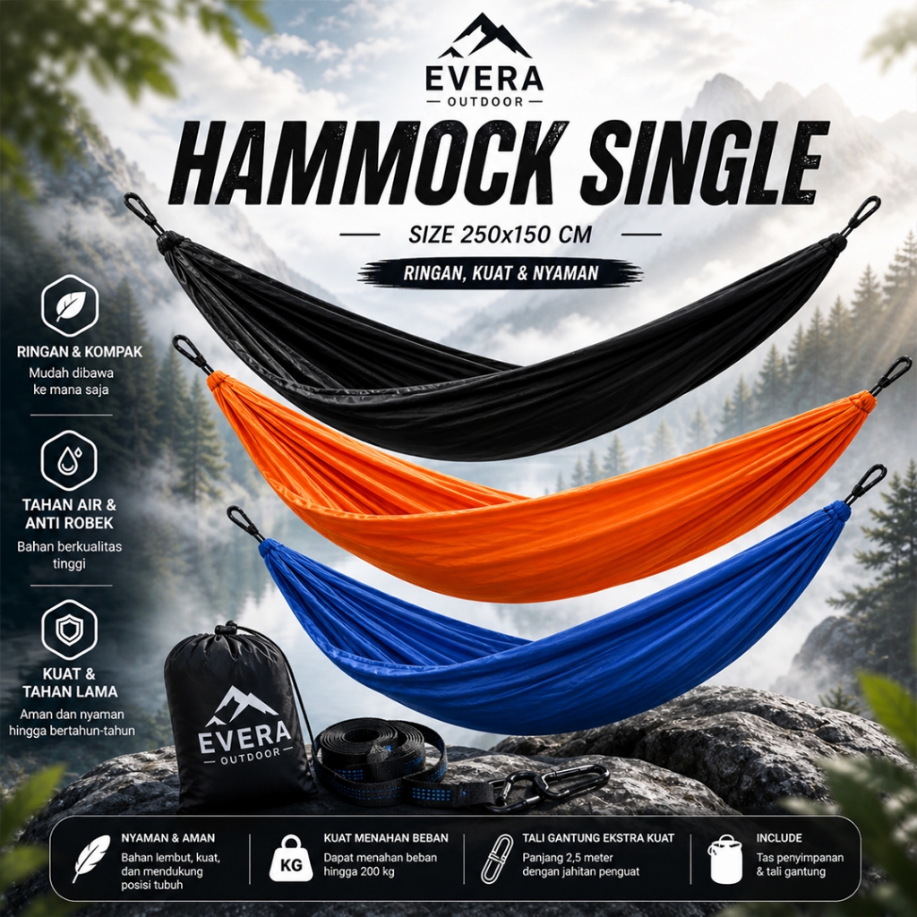Hammock Tebal Kuat Tahan Beban 150kg Ukuran 250x150 Cm - Hamock Ayunan Gantung Include Webbing