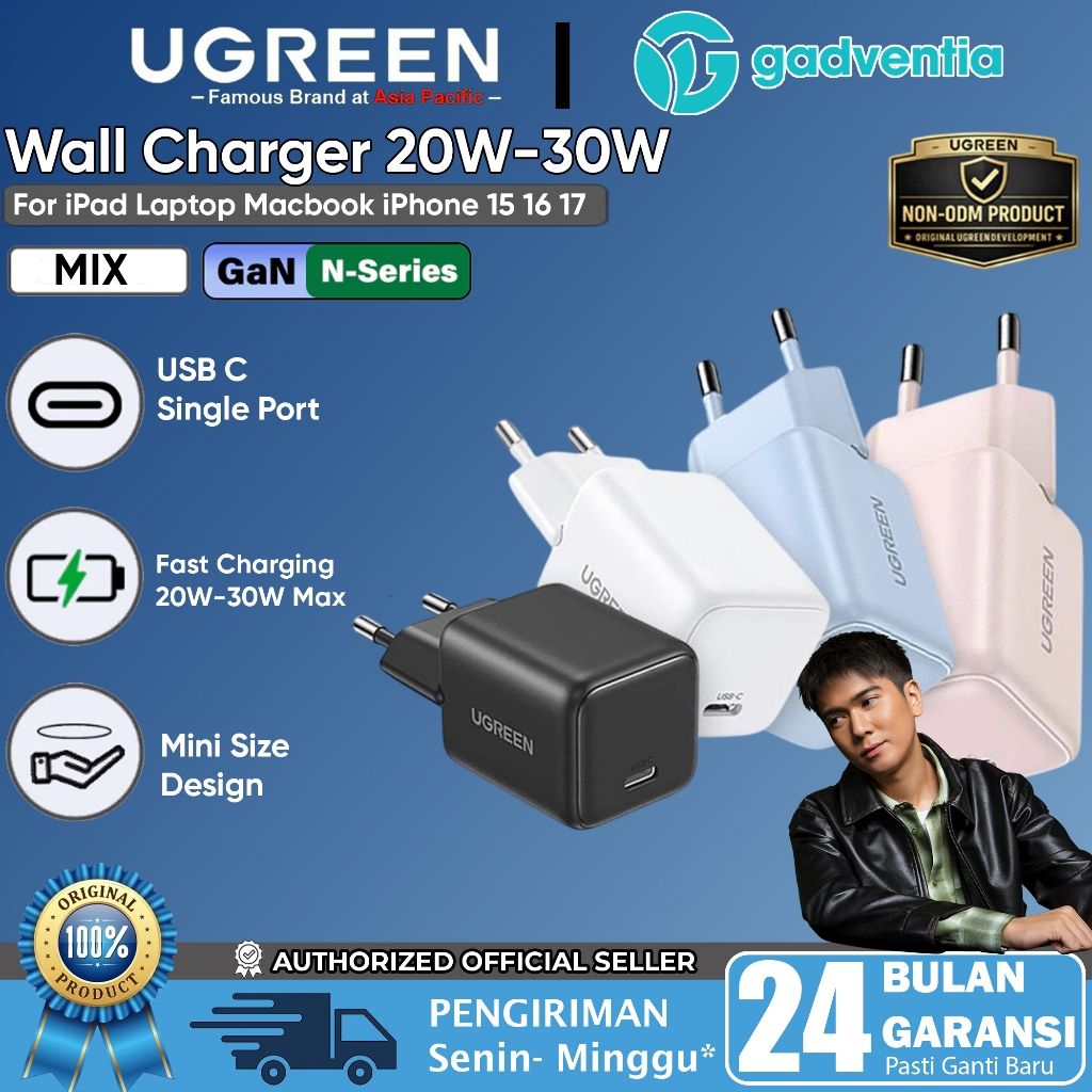 UGREEN Kepala Adaptor Charger PD Fast Charging 20W GaN N Type C For iPhone iPad Samsung Android