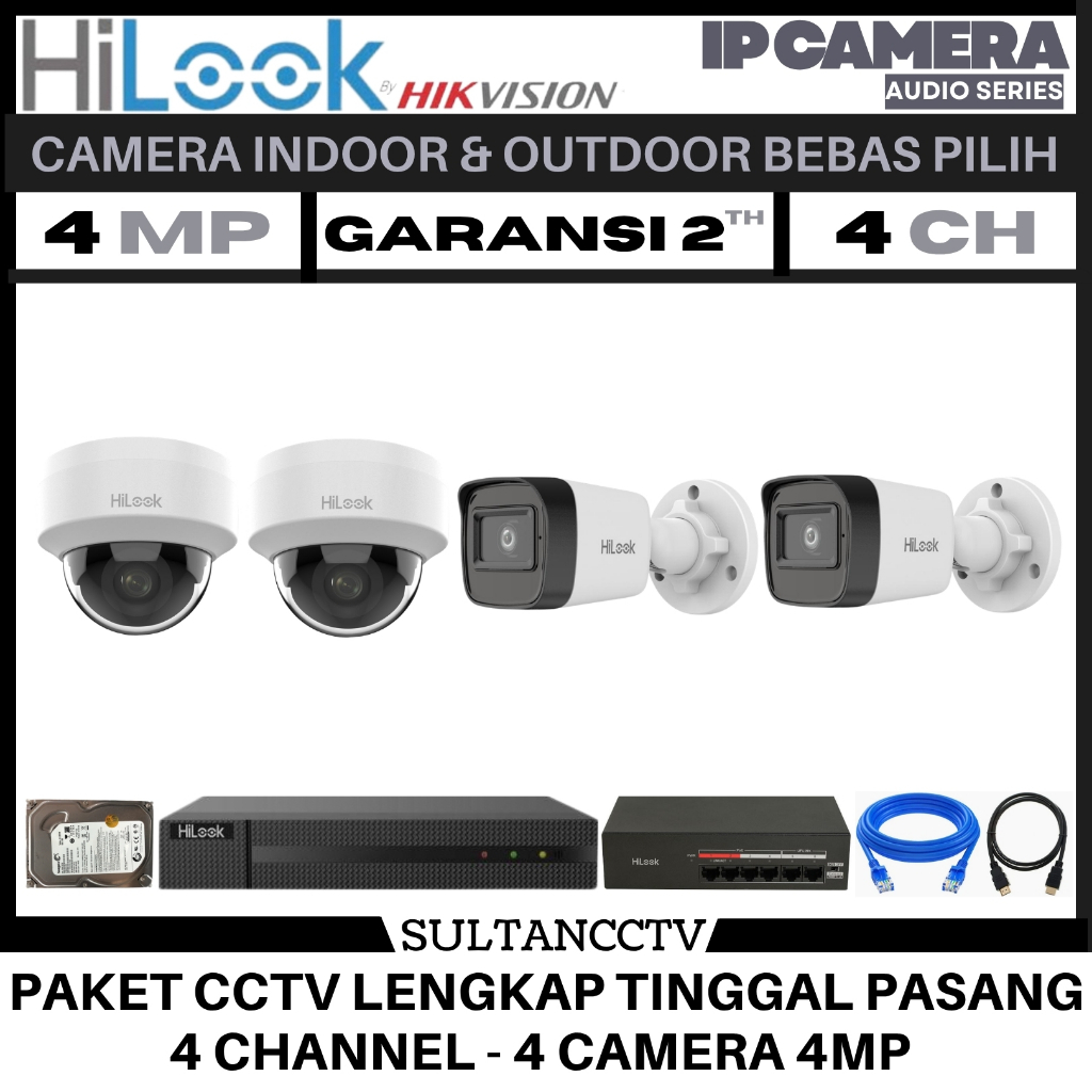 Paket Cctv Hilook 4 Channel 4 Kamera 4mp Ip Camera Audio Series Komplit Pantau HP
