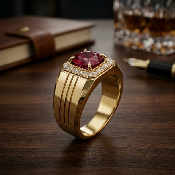 Cincin Pria Ruby Berlian Premium Silver/Gold/Rosegold | Cincin Cowok Elegan Batu Merah Mewah | Suasa