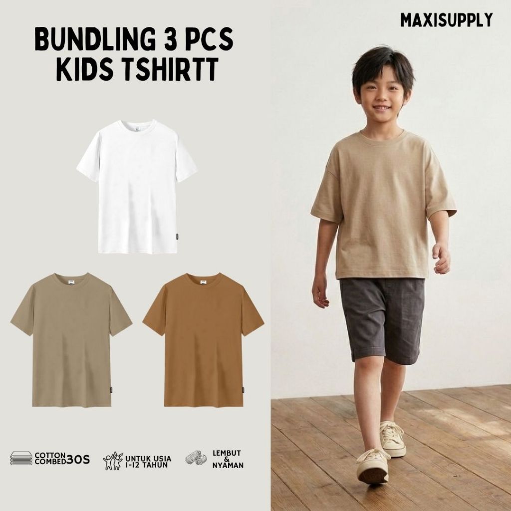 Maxisupply Bundling 3pcs Tshirt Baju Kaos Polos Anak Lengan Pendek Usia 1-12 Tahun - CWA