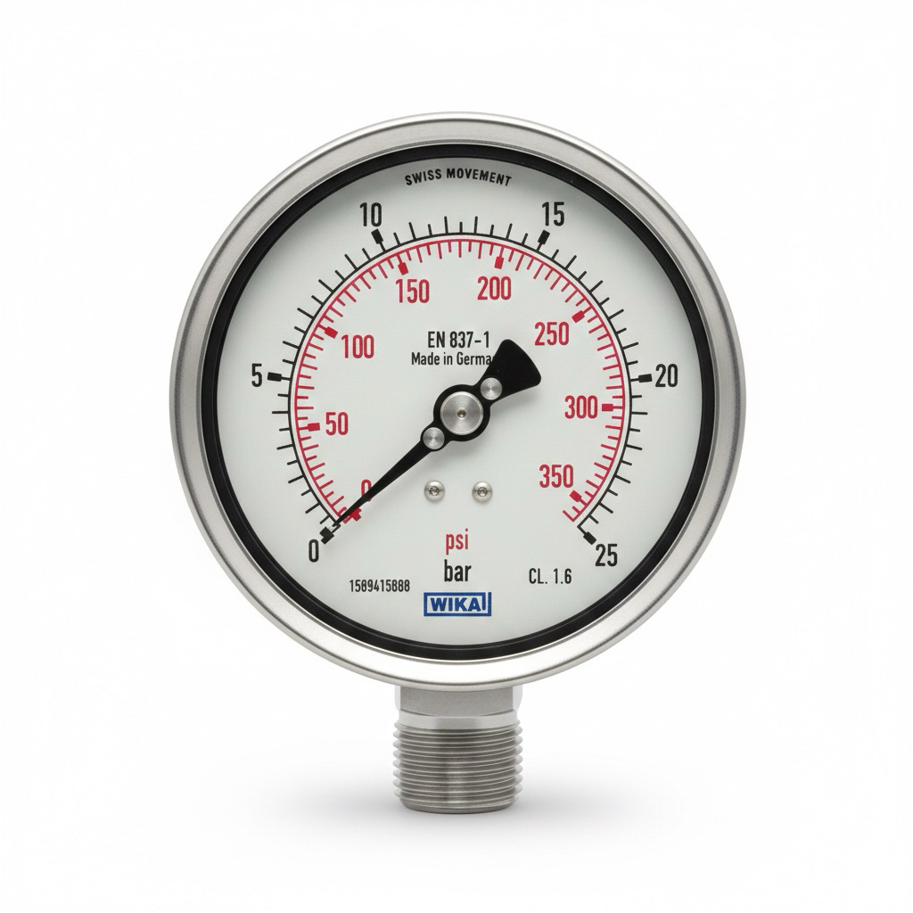 Pressure Gauge Wika 4” Bottom Full SS 0-25 Bar&Psi Drat 1/2 NPT