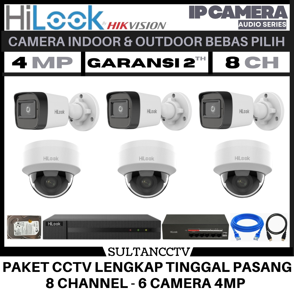 Paket Cctv Hilook 8 Channel 6 Kamera 4mp Ip Camera Audio Series Komplit Pantau HP