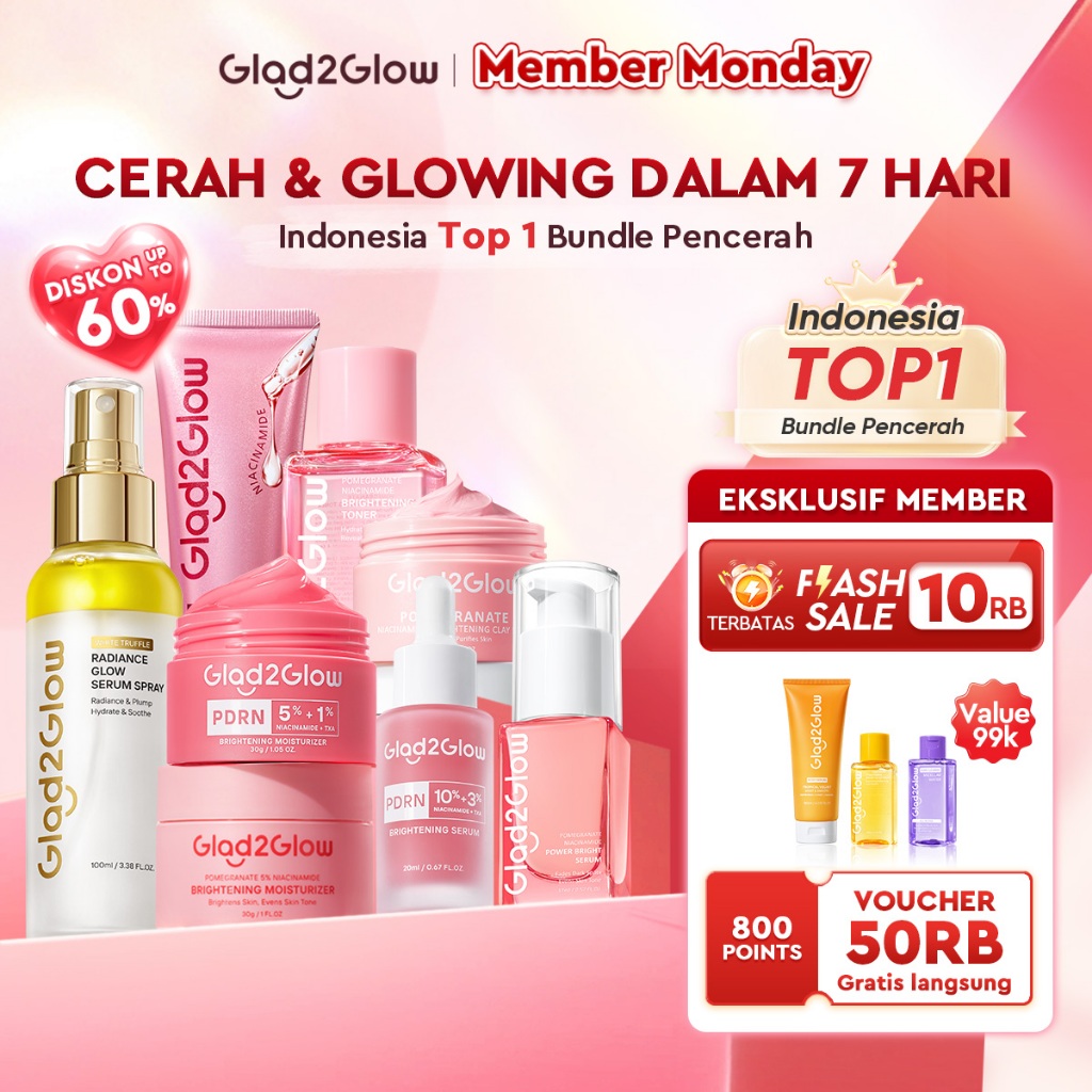 [Cocok Untuk Pemula]Glad2Glow Cerah Glowing Bundle all in 1 7in1-Brightening Moisturizer+Serum+Clean