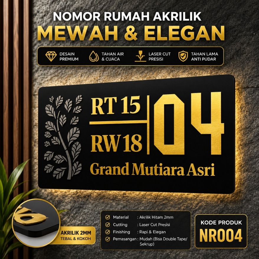 Nomor Rumah Akrilik Custom – Estetik | Plat Tempel Dinding | Tahan Air & Mewah