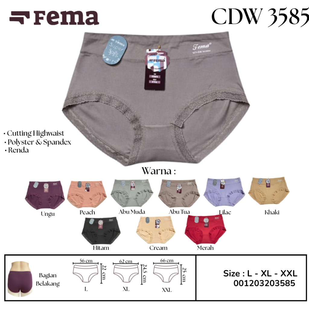 FEMA Official Shop 3,6,12 Pcs Celana Dalam Wanita 3585 Jumbo Highwaist Renda Halus CD Harian CD Sexy