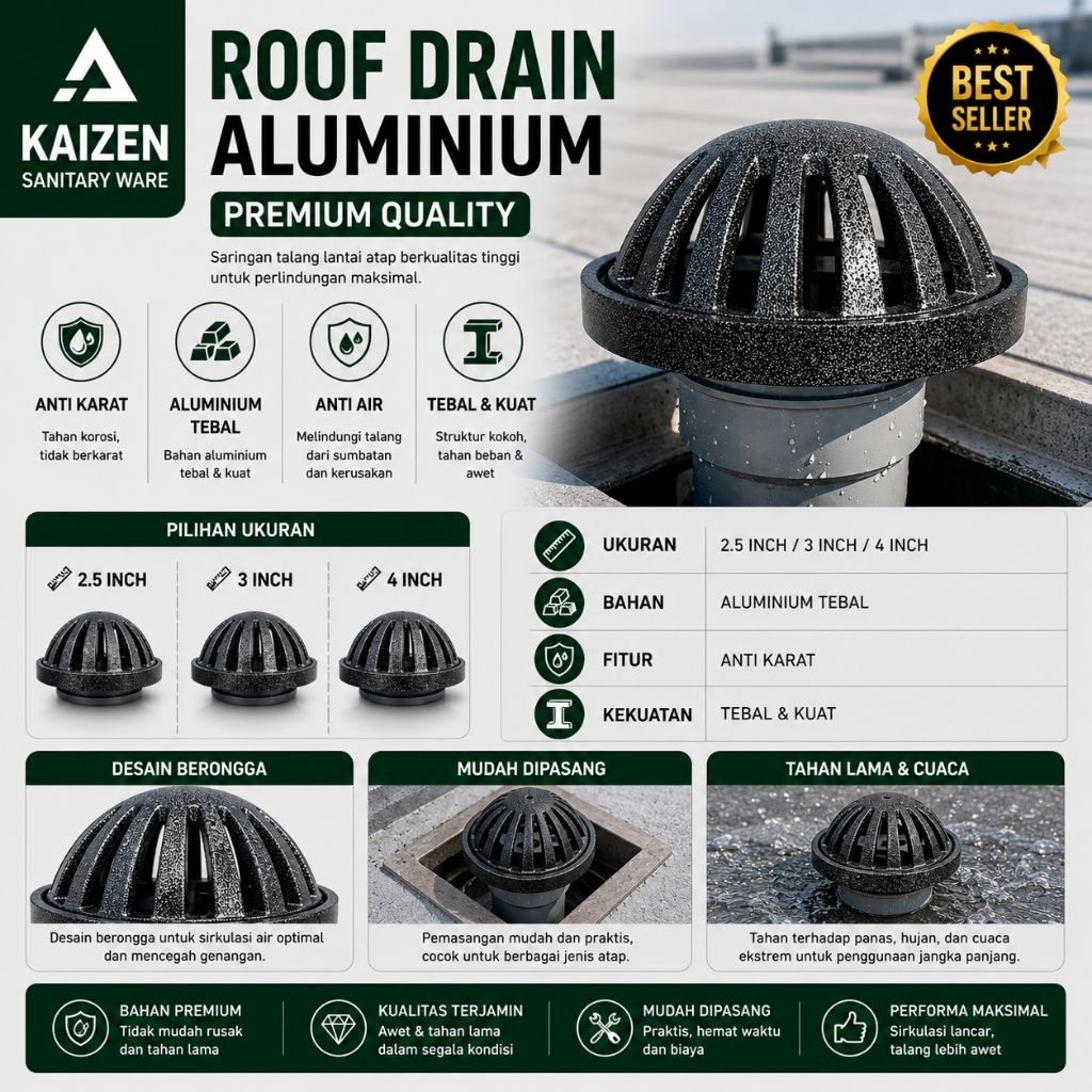 Roof Drain Aluminium 2.5inch / 3inch / 4inch saringan talang air dak balkon floor drain