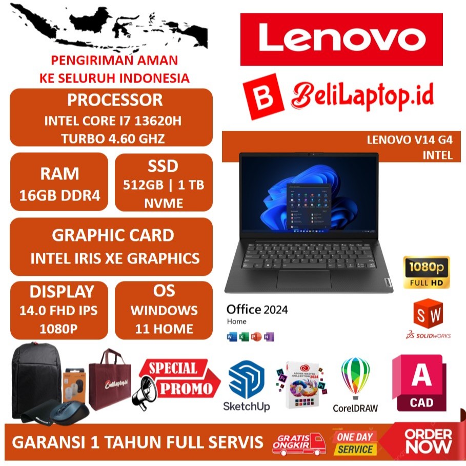 LAPTOP LENOVO V14 G4 INTEL I7 13620H 16GB 512GB FHD IPS WIN11HOME BLACK EX DISPLAY GARANSI 3 BULAN