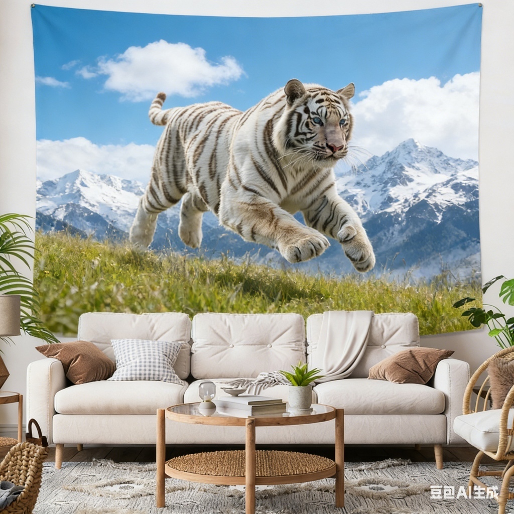 Kain hiasan dinding latar belakang motif hewan Harimau Putih dengan pemandangan Alam Liar, kain lata